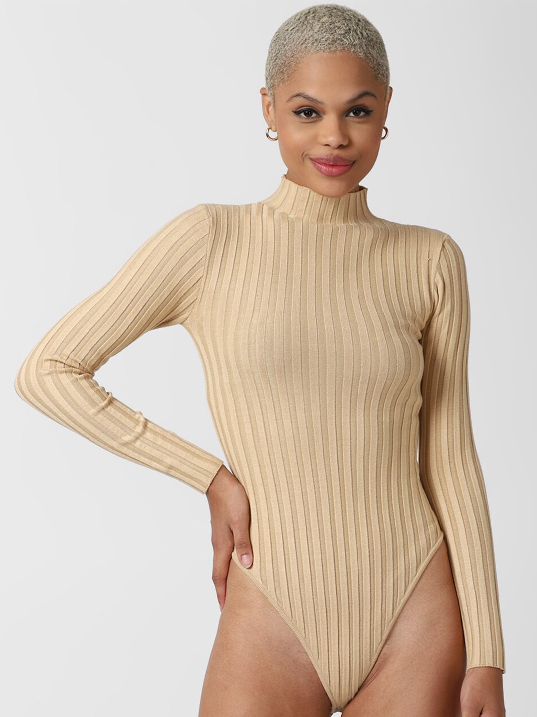 

FOREVER 21 Women Taupe Striped Bodysuit