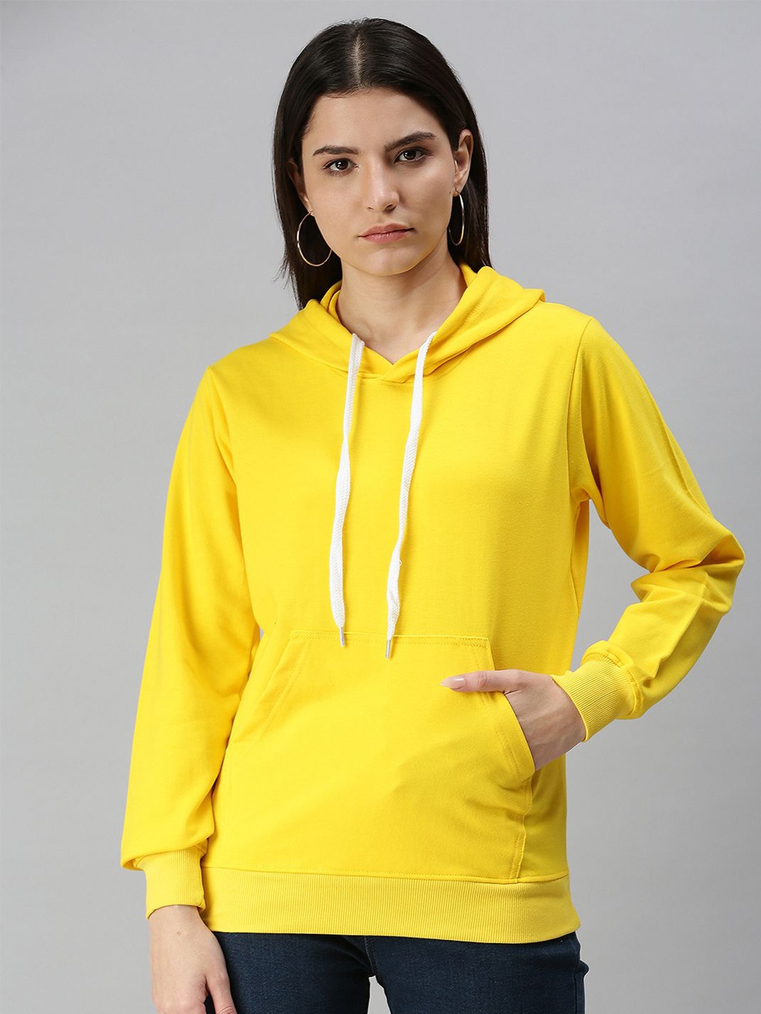 

JUNEBERRY Women Yellow Hooded Fleece Sweatshirt