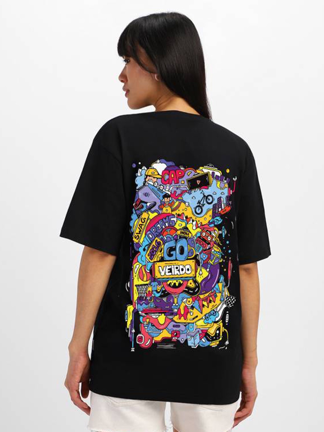 

VEIRDO Women Black Printed Oversize T-shirt
