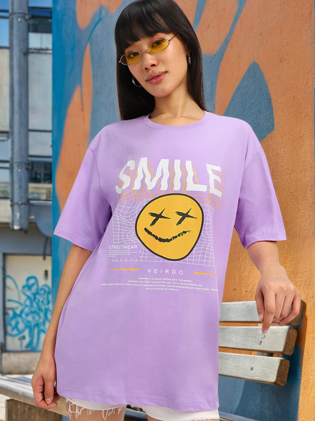 

VEIRDO Women Purple Printed Oversize Cotton T-shirt