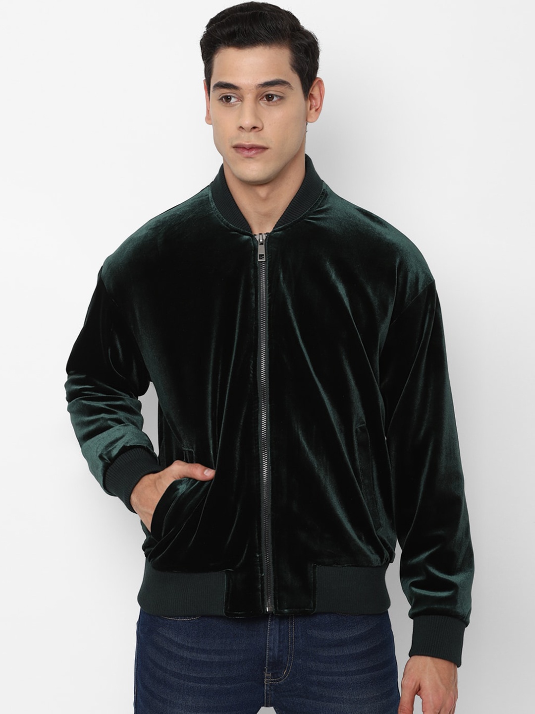 

FOREVER 21 Men Green Striped Bomber Jacket