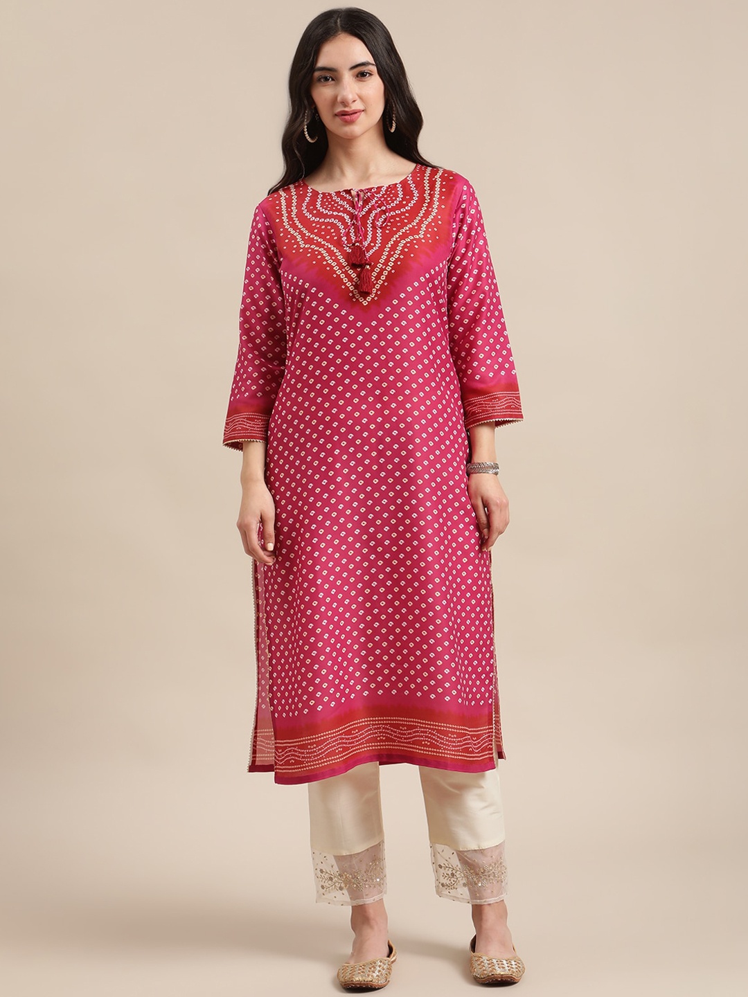 

KSUT Women Magenta Bandhani Printed Silk Kurta