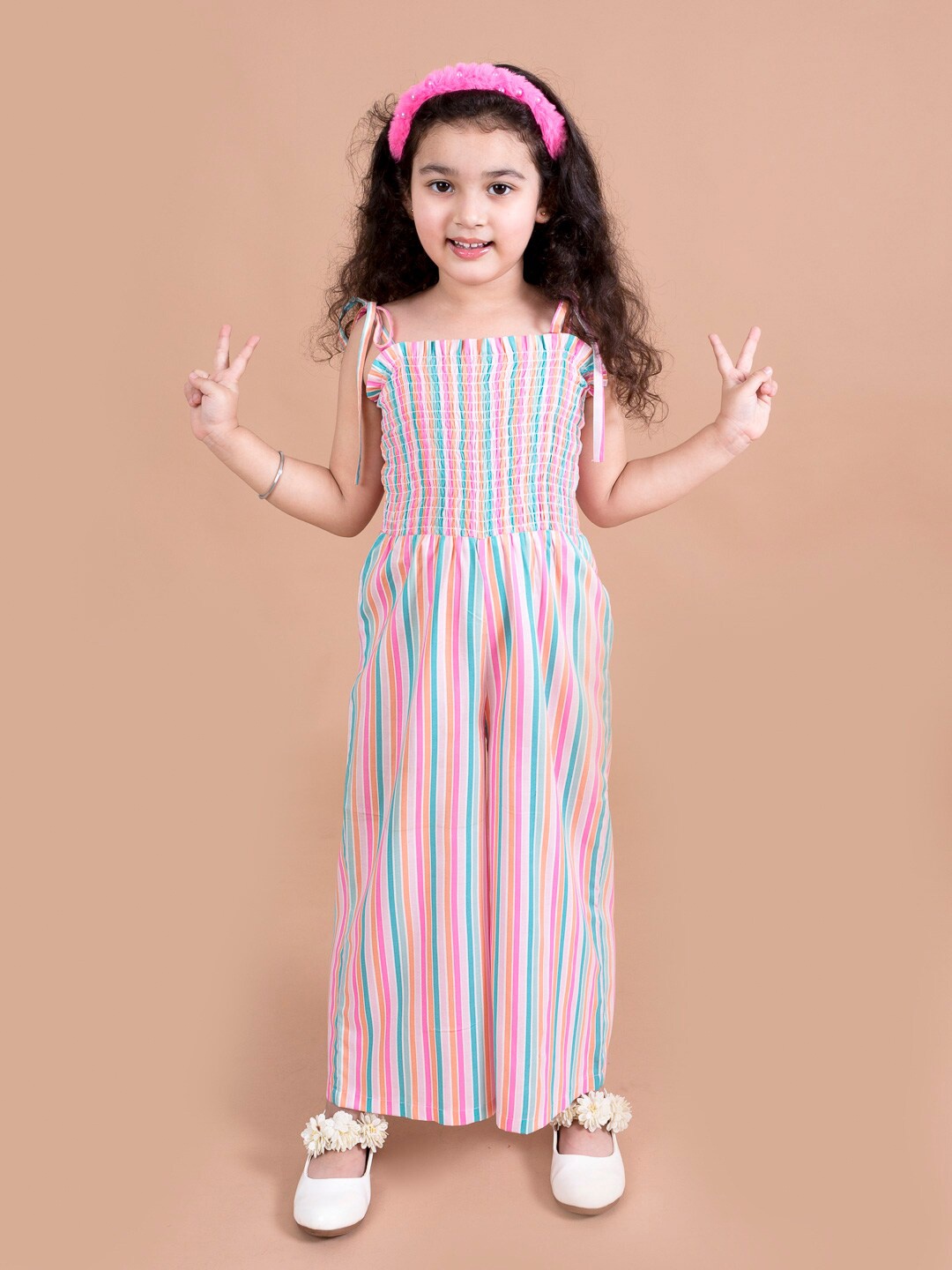 

pspeaches Girls Pink & Blue Striped Jumpsuit