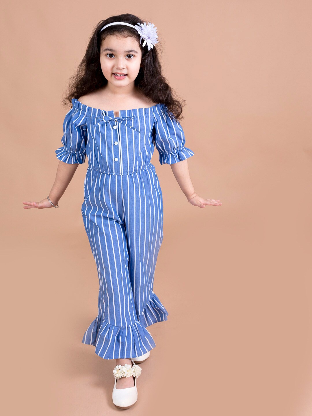 

pspeaches Girls Blue & White Off-Shoulder Striped Basic Jumpsuit