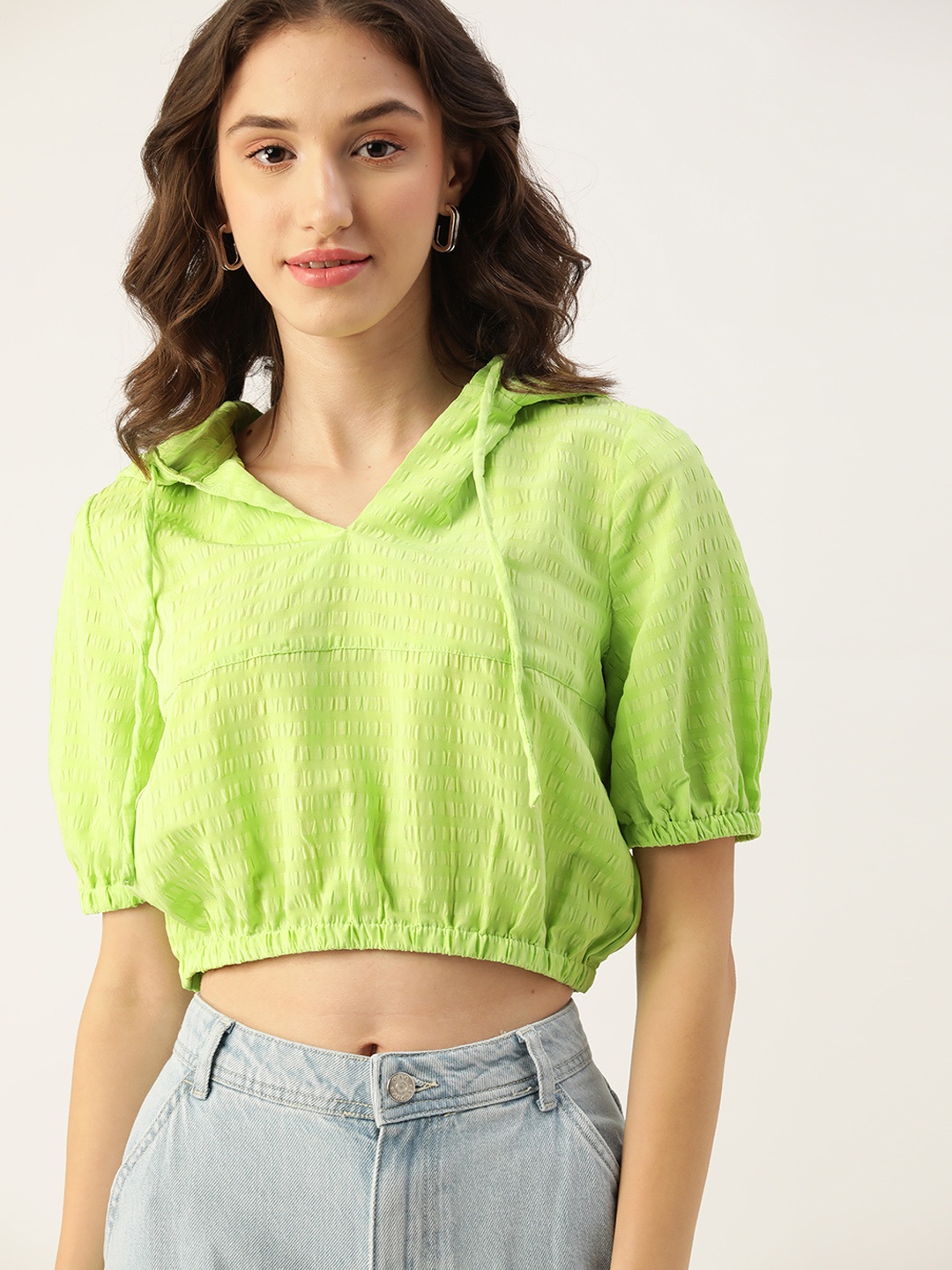 

DressBerry Women Green Seersucker Hooded Crop Top