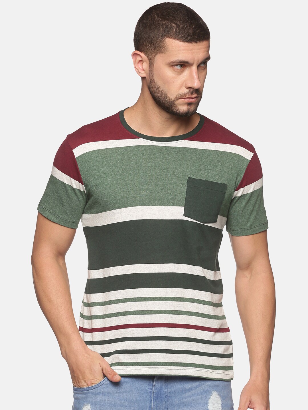 

UrGear Men Green & White Striped Pockets Cotton T-shirt