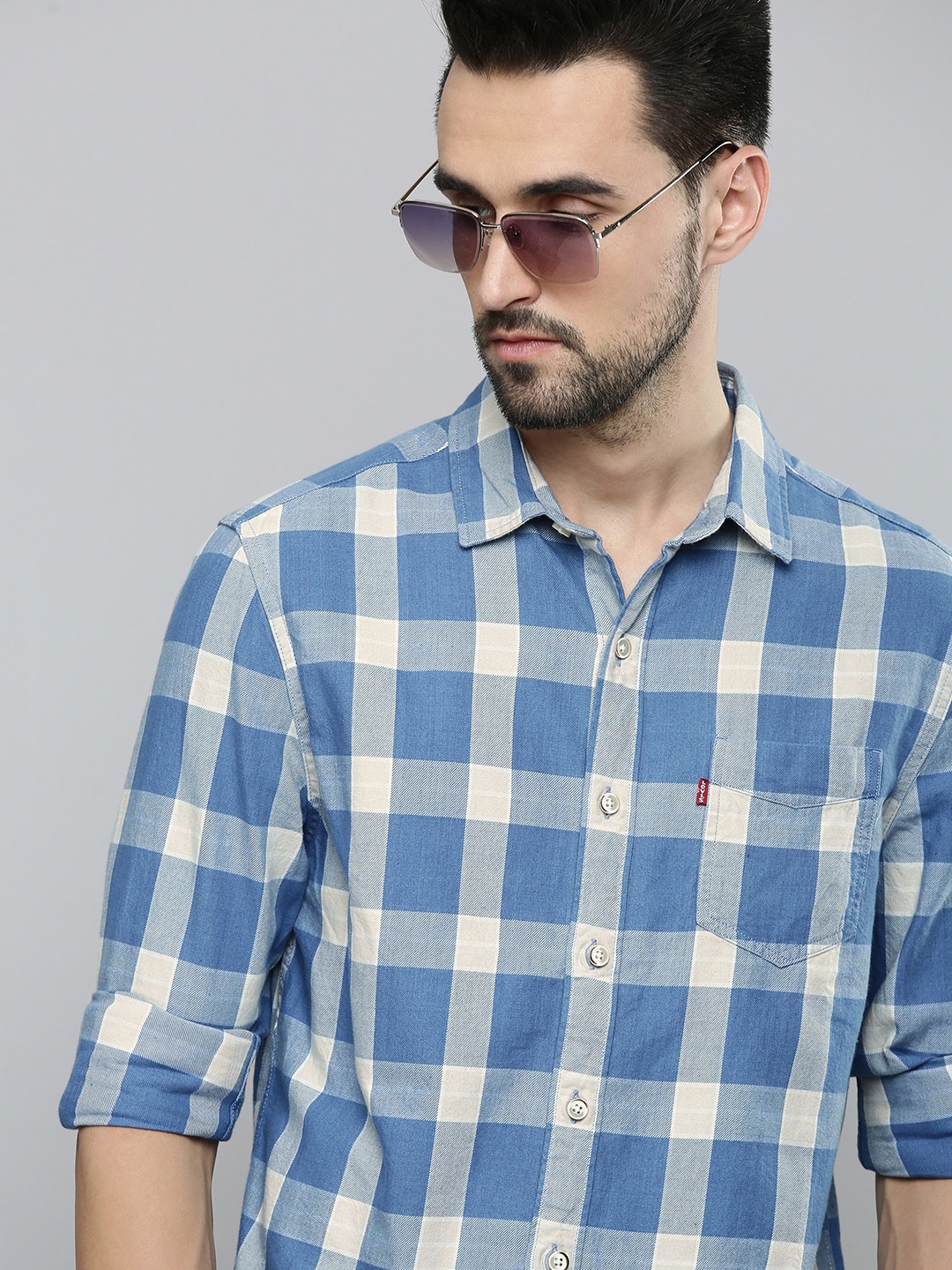 

Levis Men Blue Slim Fit Buffalo Checks Opaque Pure Cotton Casual Shirt with Chest Pocket