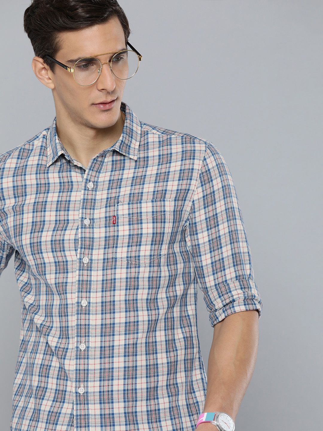 

Levis Men Blue Slim Fit Tartan Checks Opaque Pure Cotton Casual Shirt
