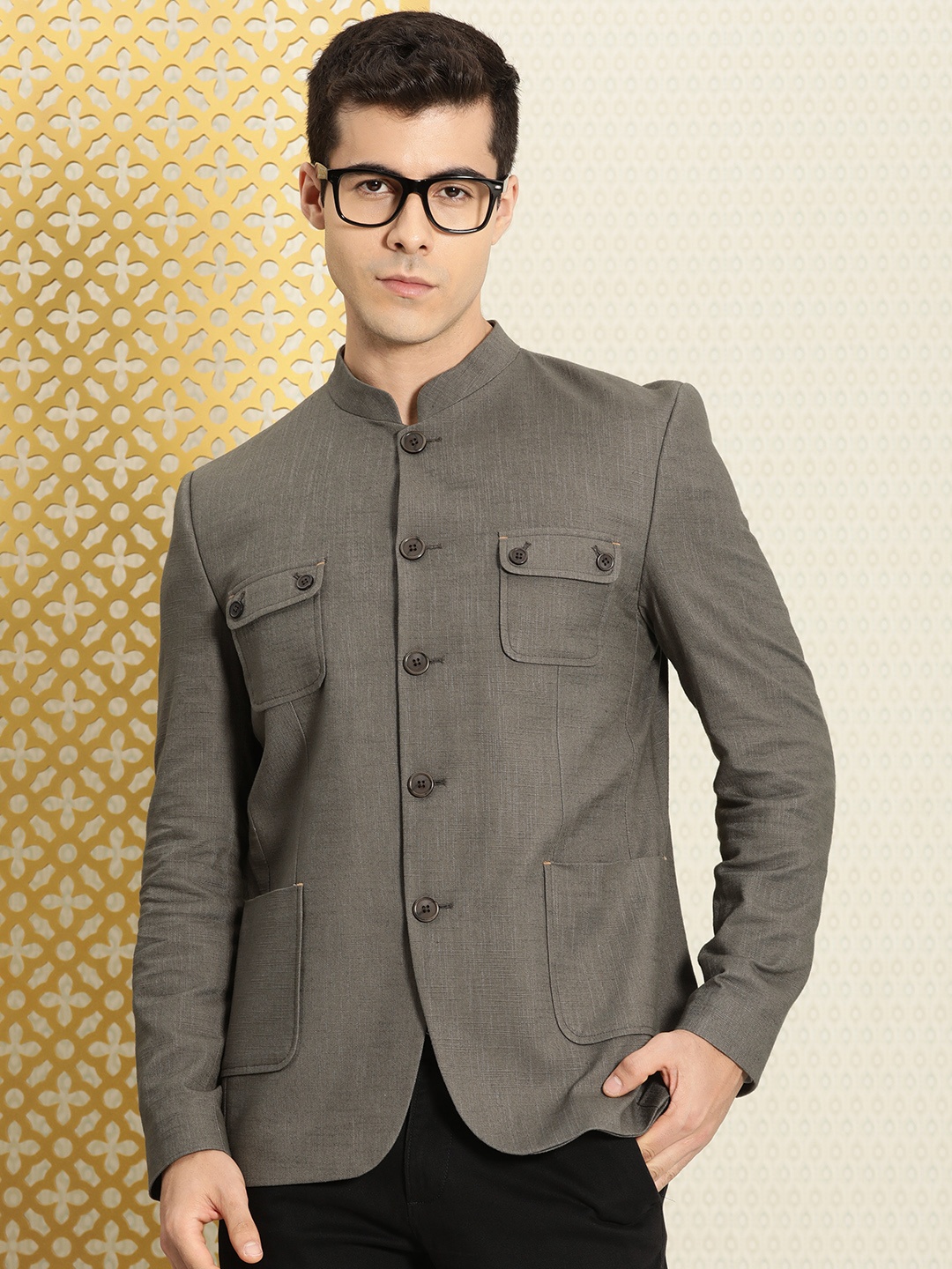 

House of Pataudi Men Grey Self-designed Bandhgala Jashn Blazer