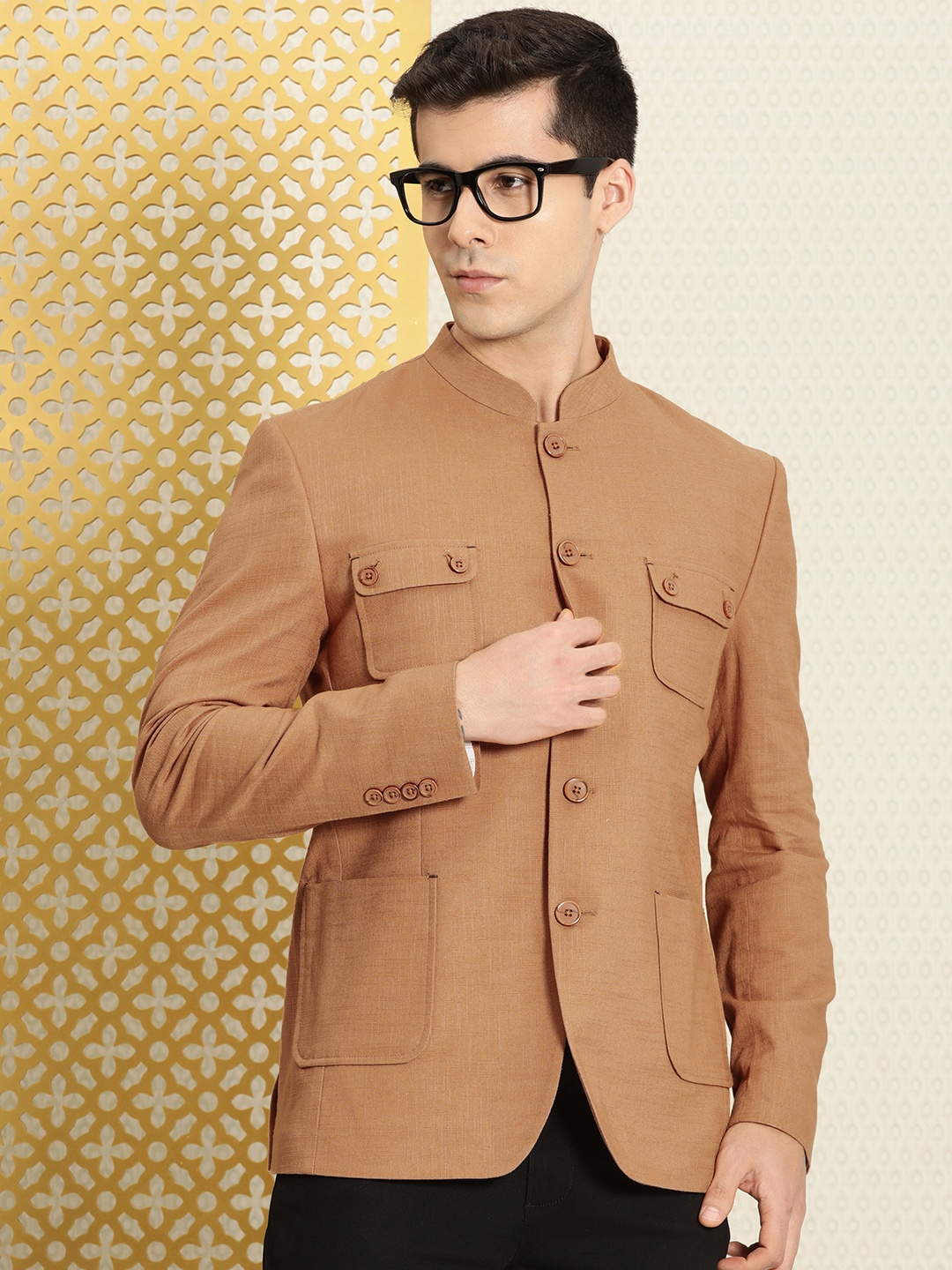 

House of Pataudi Men Brown Self-designed Bandhgala Jashn Blazer