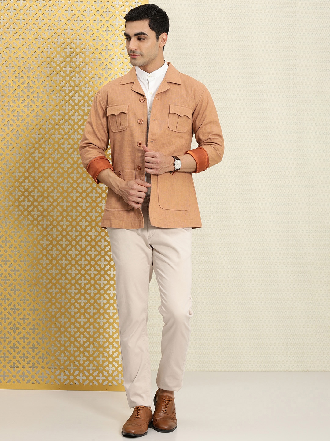 

House of Pataudi Self-designed Pure Cotton Single-Breasted Jashn Blazer, Camel brown