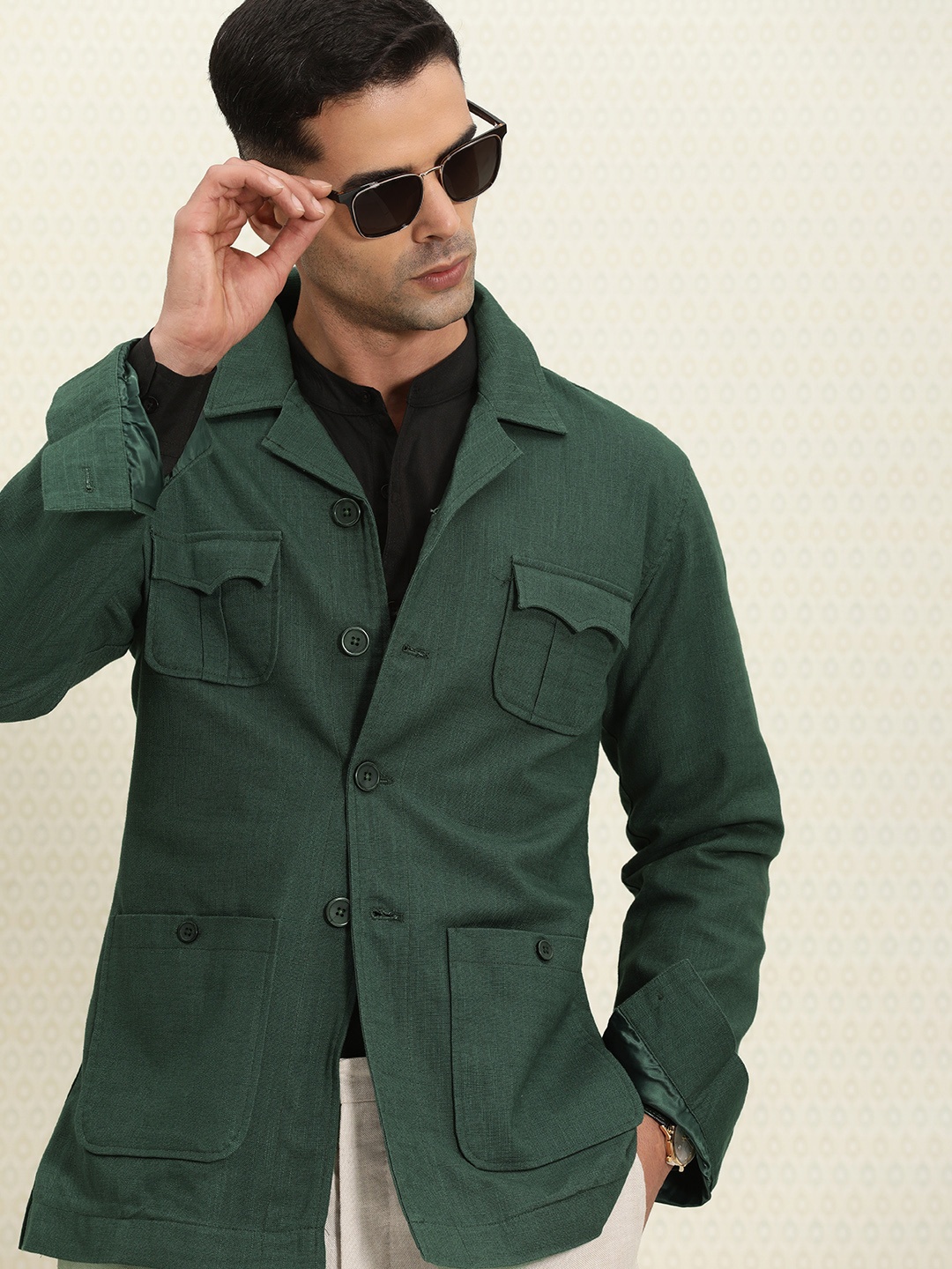 

House of Pataudi Men Pure Cotton Self-designed Single-Breasted Jashn Blazer, Green