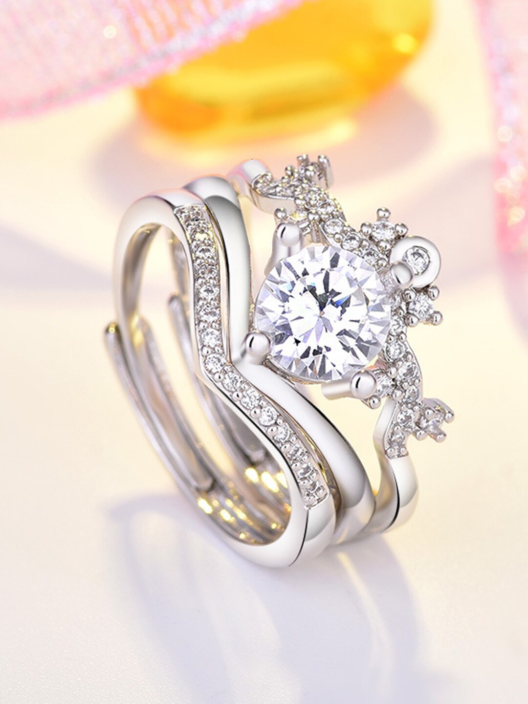 

Shining Diva Fashion Set Of 3 Platinum-Plated Adjustable Finger Rings, Silver