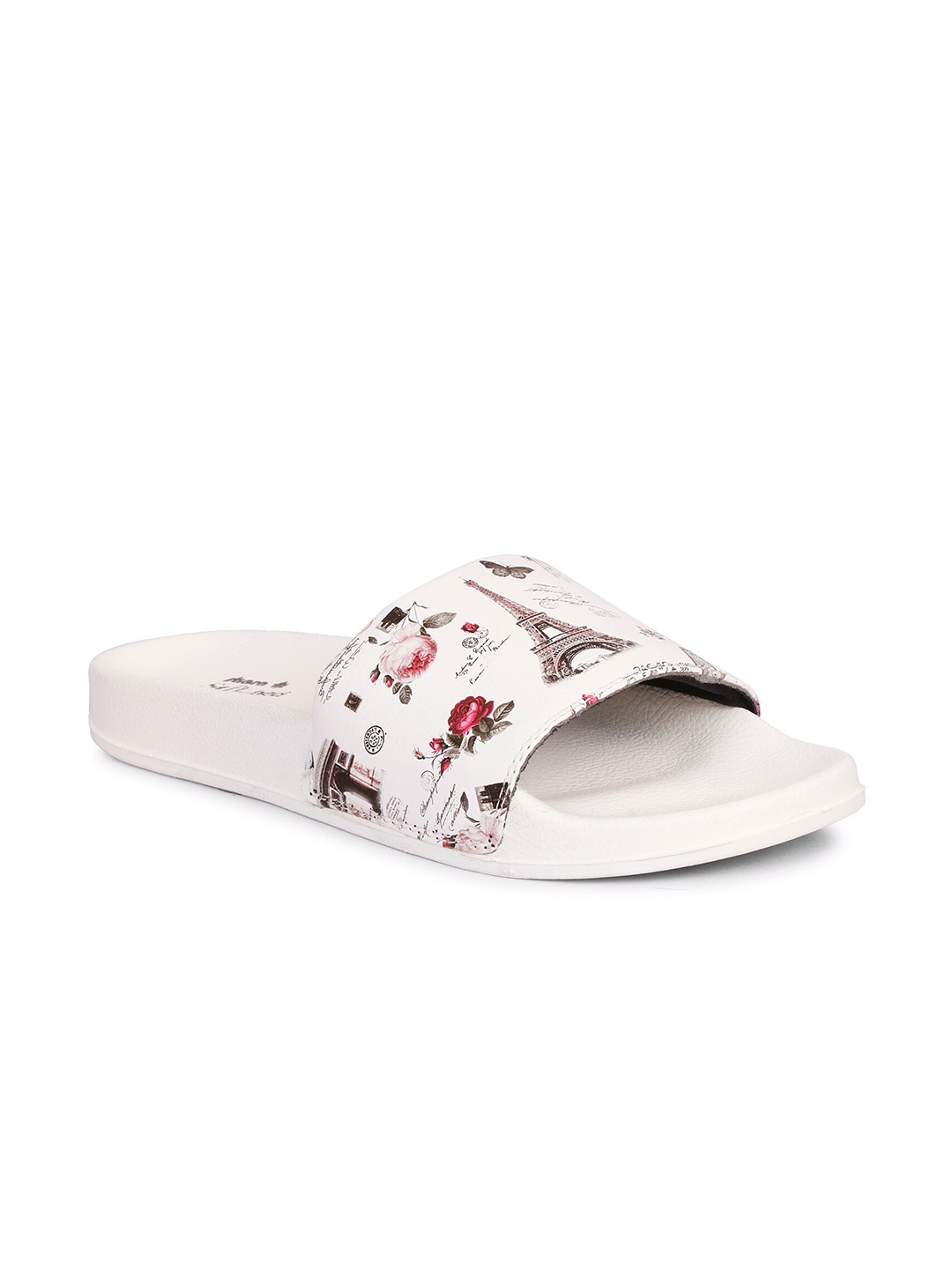 

SKORA Women White & Red Printed Sliders
