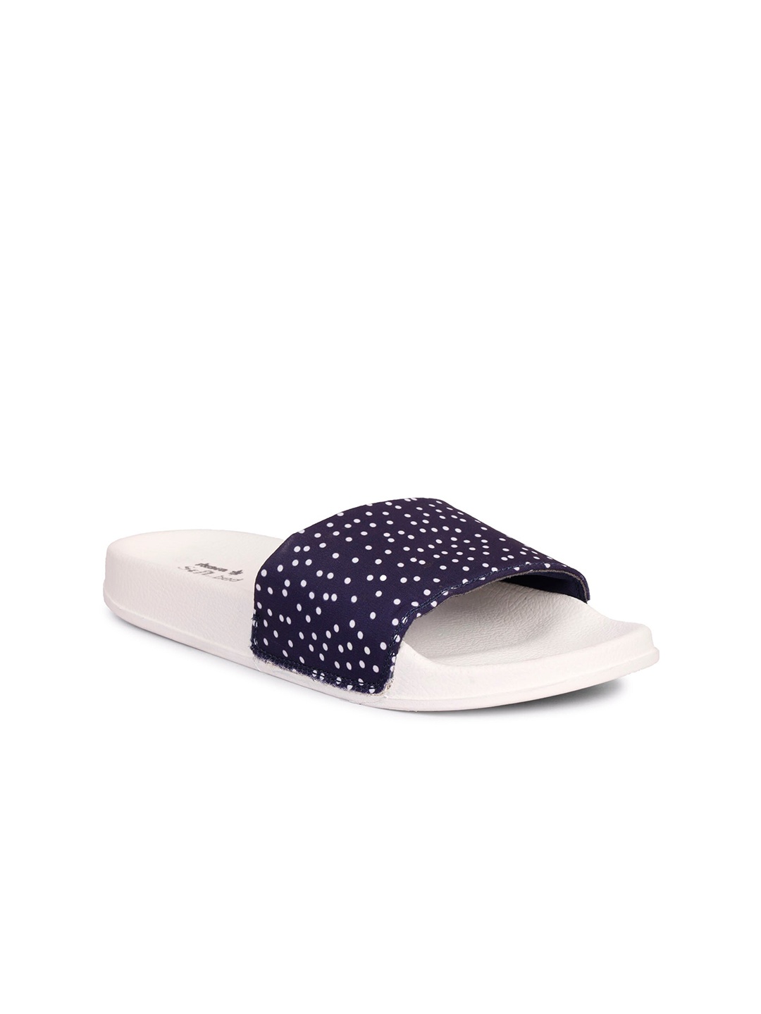 

SKORA Women Navy Blue & White Polka Dots Printed Sliders