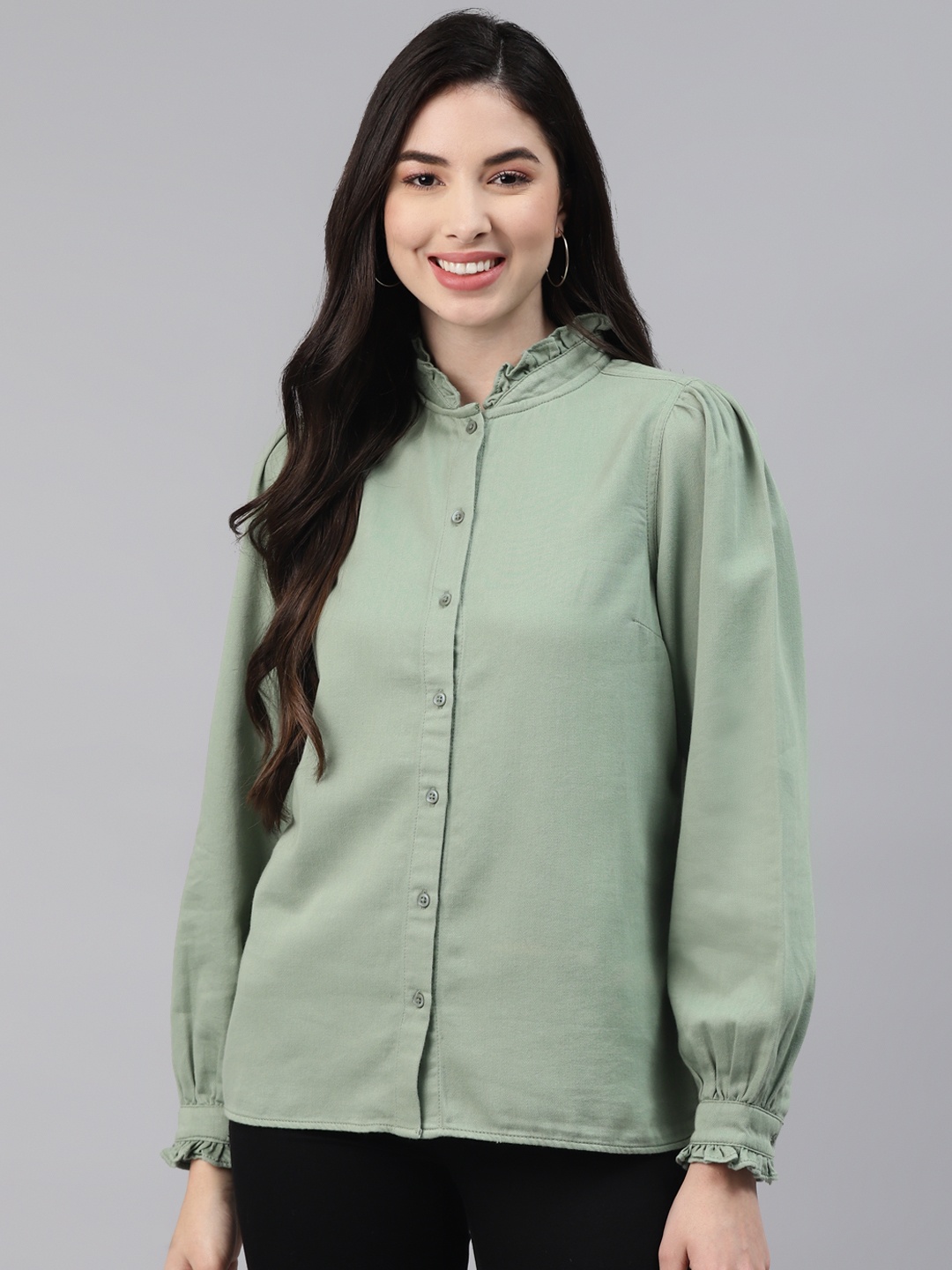 

I AM FOR YOU Women Green Solid Pure Cotton Casual Shirt with Ruffles