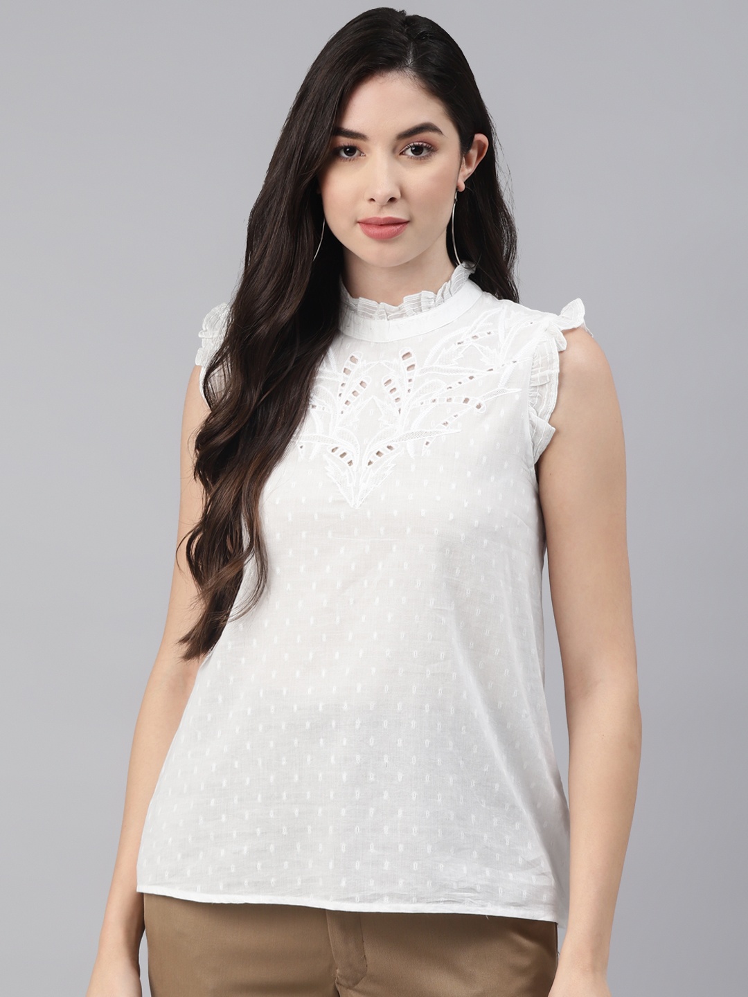

I AM FOR YOU Women White Solid Pure Cotton Schiffli Top
