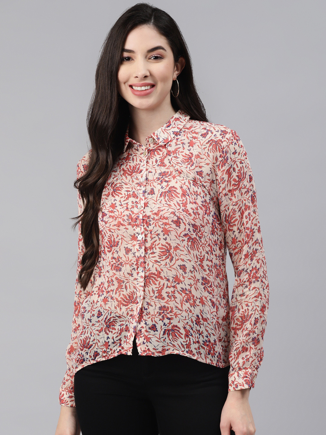 

I AM FOR YOU Women Red and Navy Blue Floral Print Casual Shirt