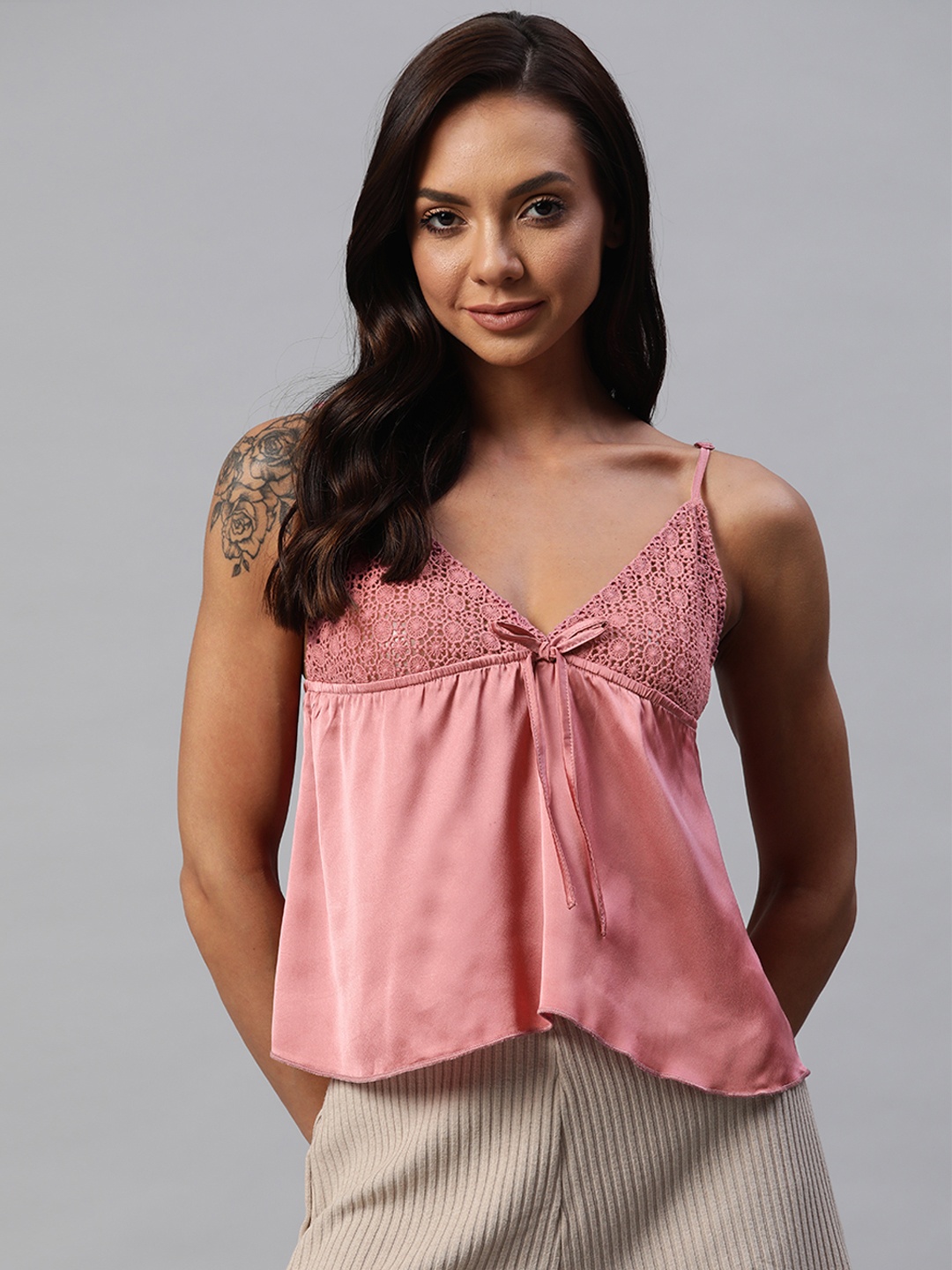 

I AM FOR YOU Women Pink Lace Empire Top