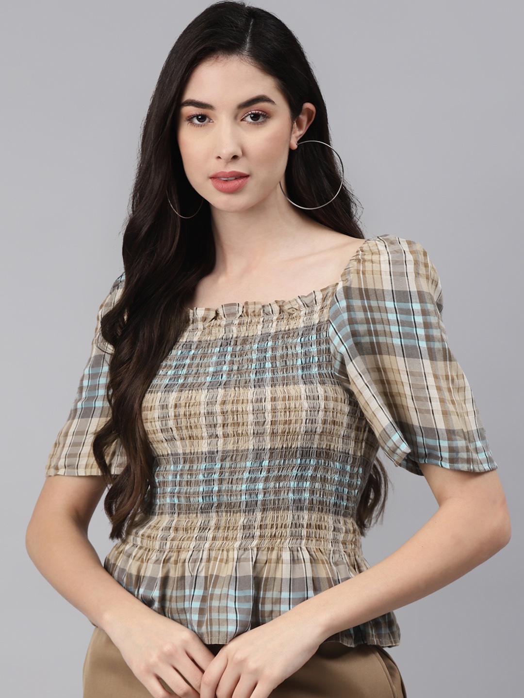 

I AM FOR YOU Women Beige & Blue Pure Cotton Checked Smocked Peplum Top