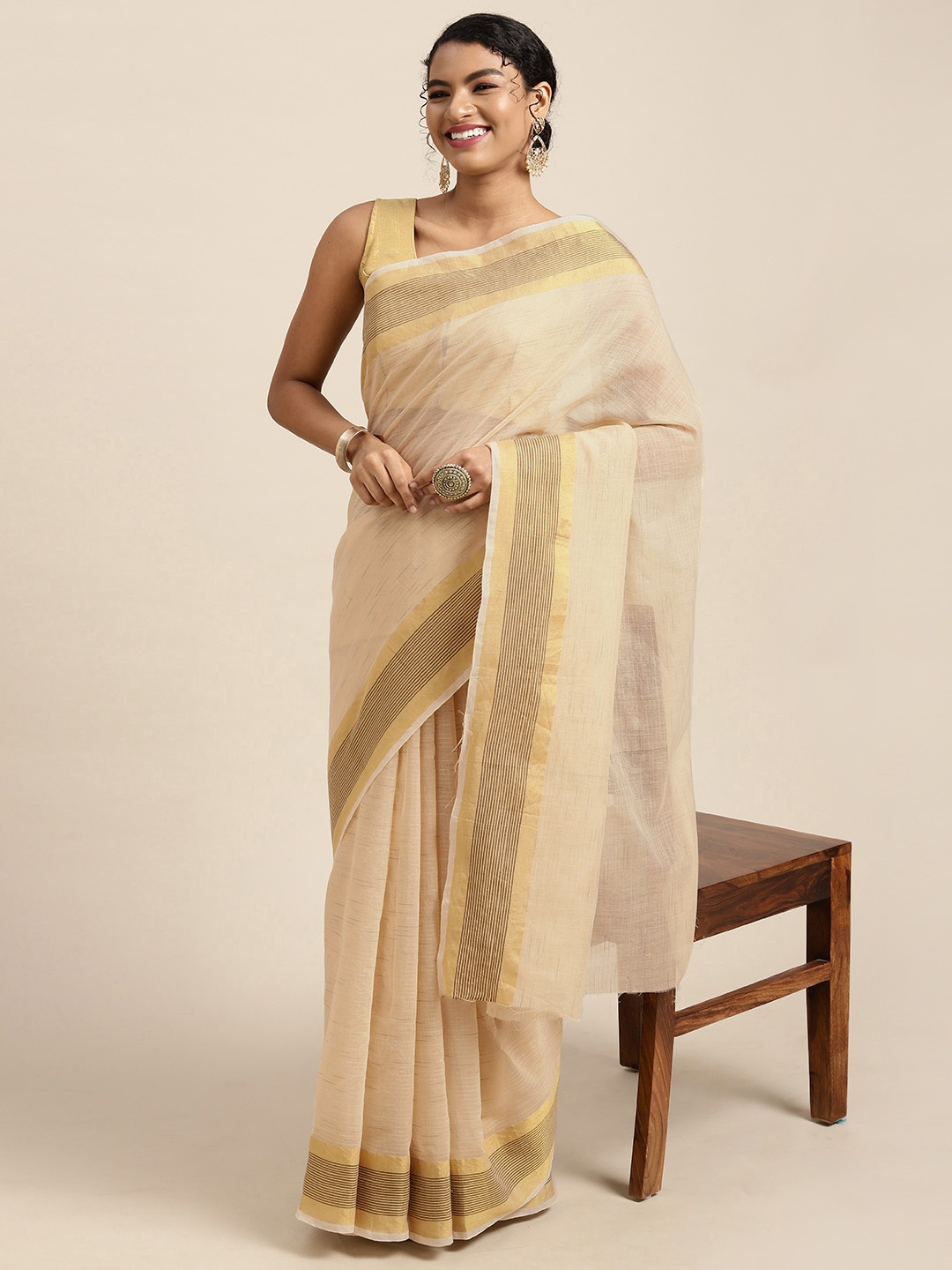 

Mitera Beige Striped Silk Cotton Saree