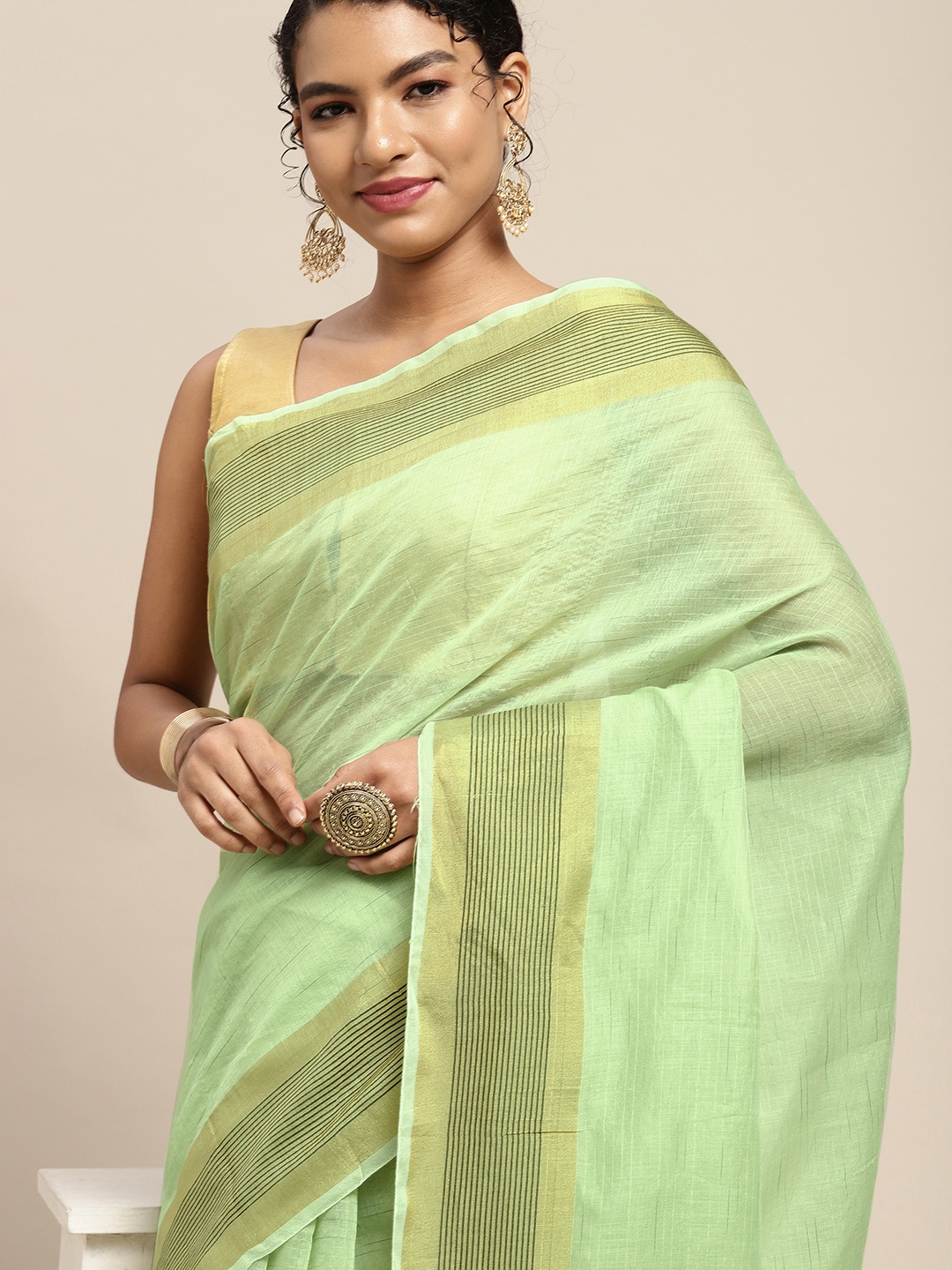 

Mitera Pista Green Striped Silk Cotton Saree