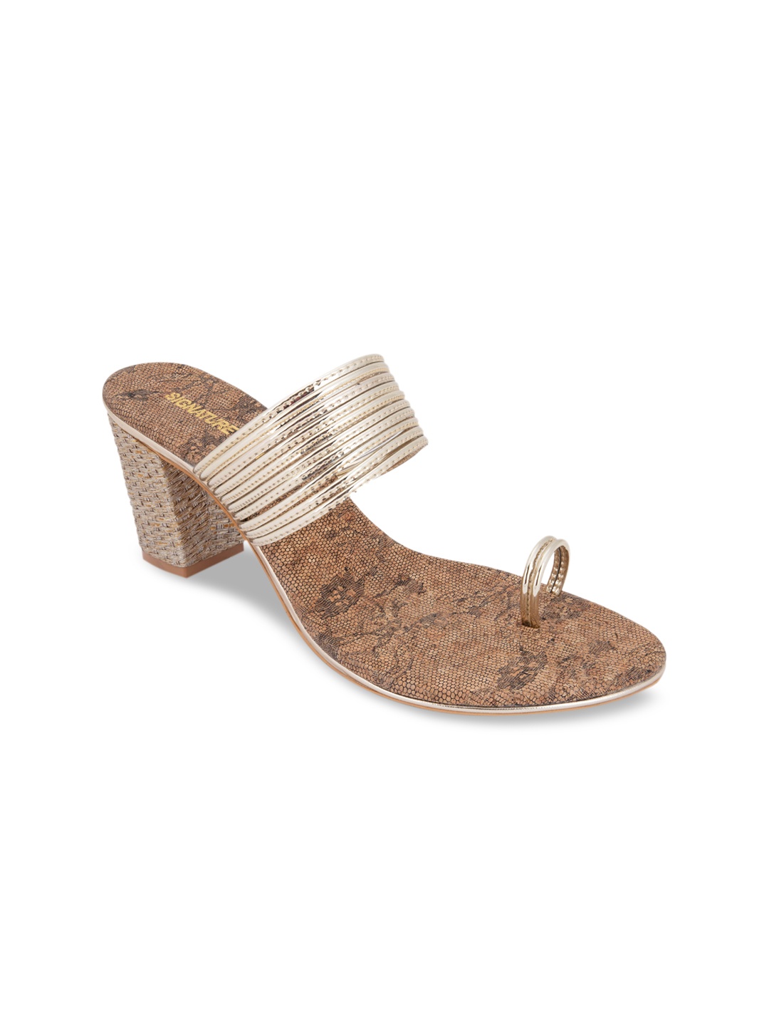

Signature Sole Gold-Toned Striped Ethnic One Toe Block Sandals
