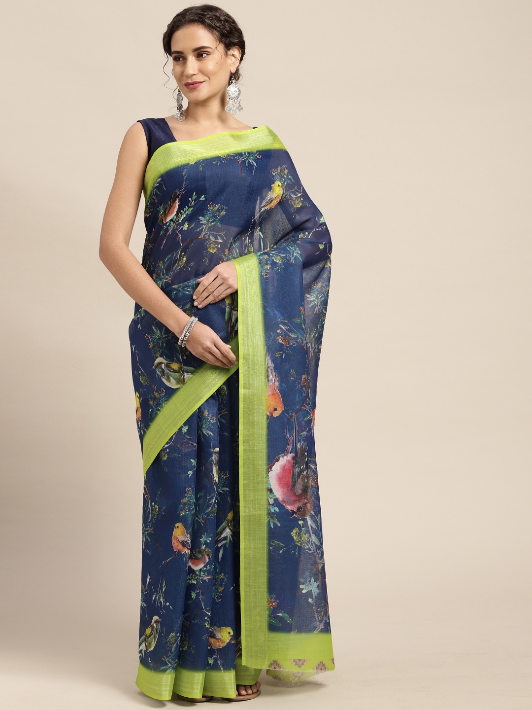

Mitera Blue & Green Floral Print Pure Linen Celebrity Saree
