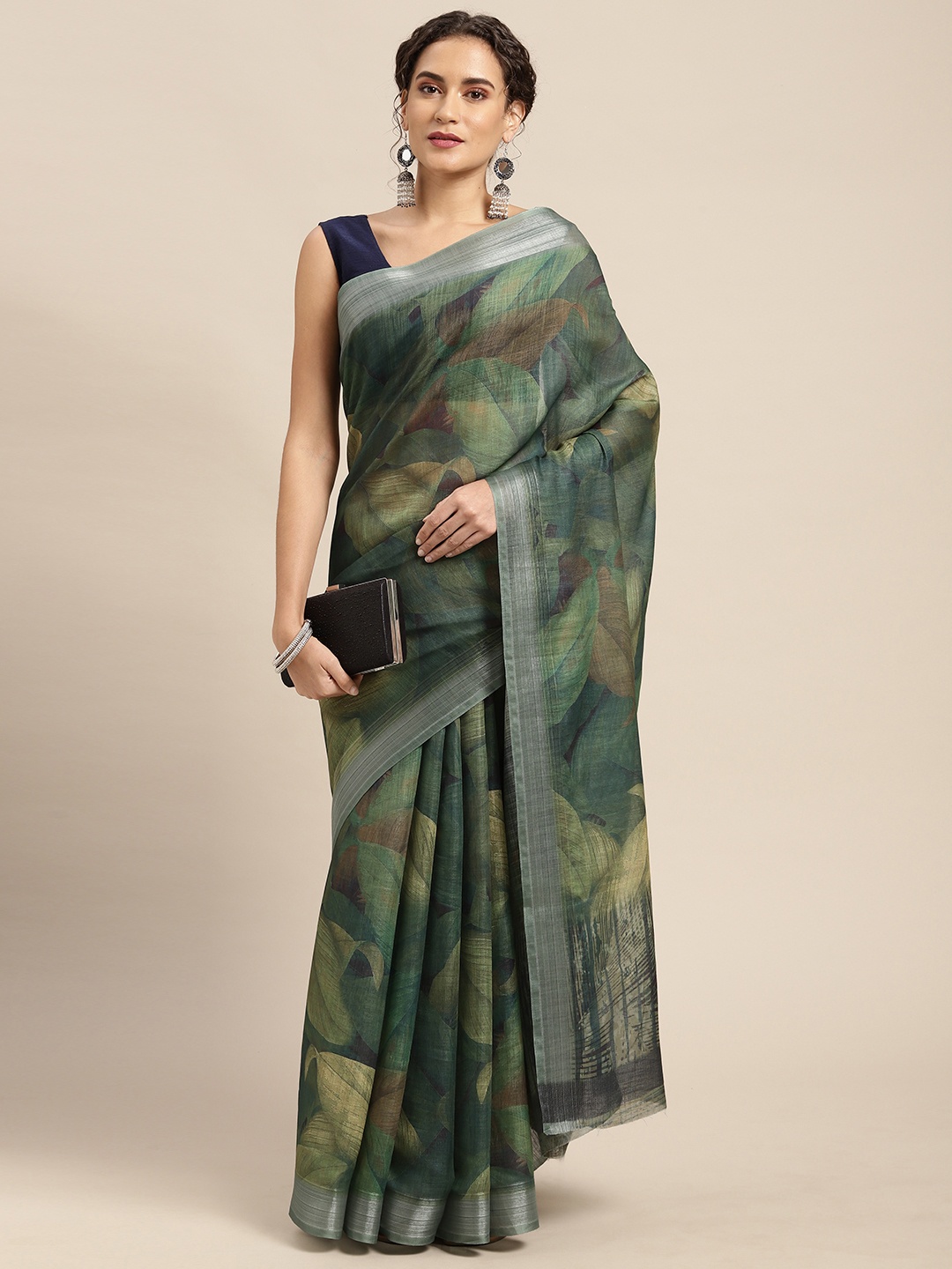 

Mitera Green Abstract Print Pure Linen Celebrity Saree