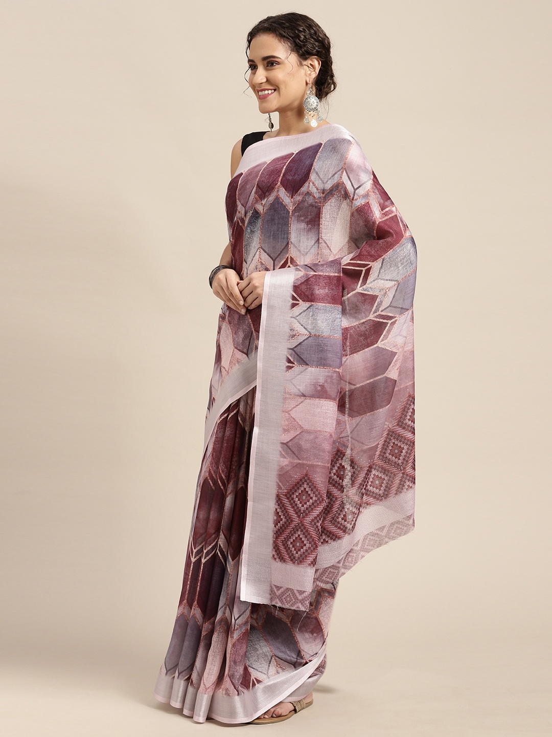 

Mitera Purple & Grey Abstract Print Pure Linen Celebrity Saree