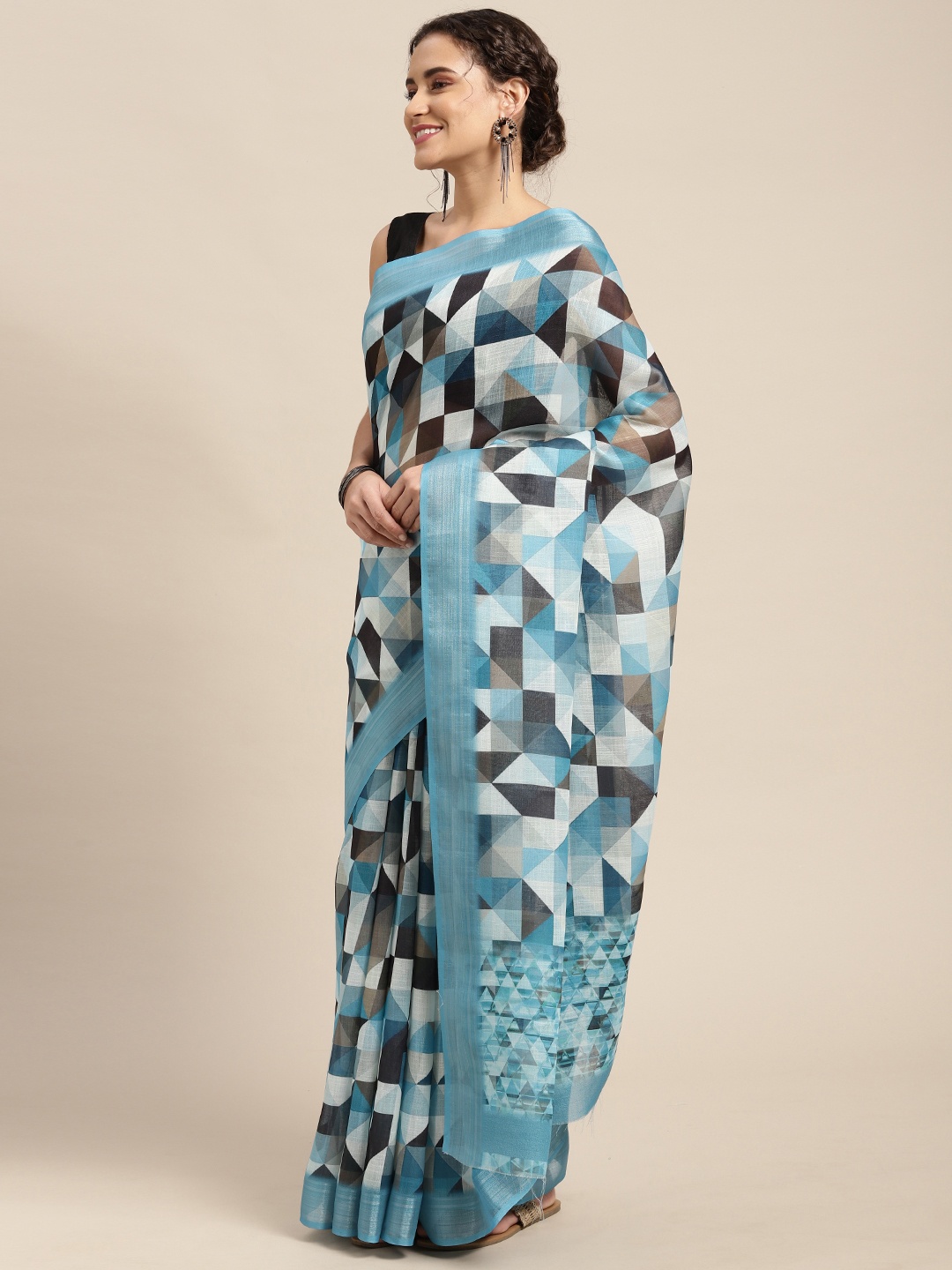 

Mitera Blue & Black Abstract Print Pure Linen Celebrity Saree