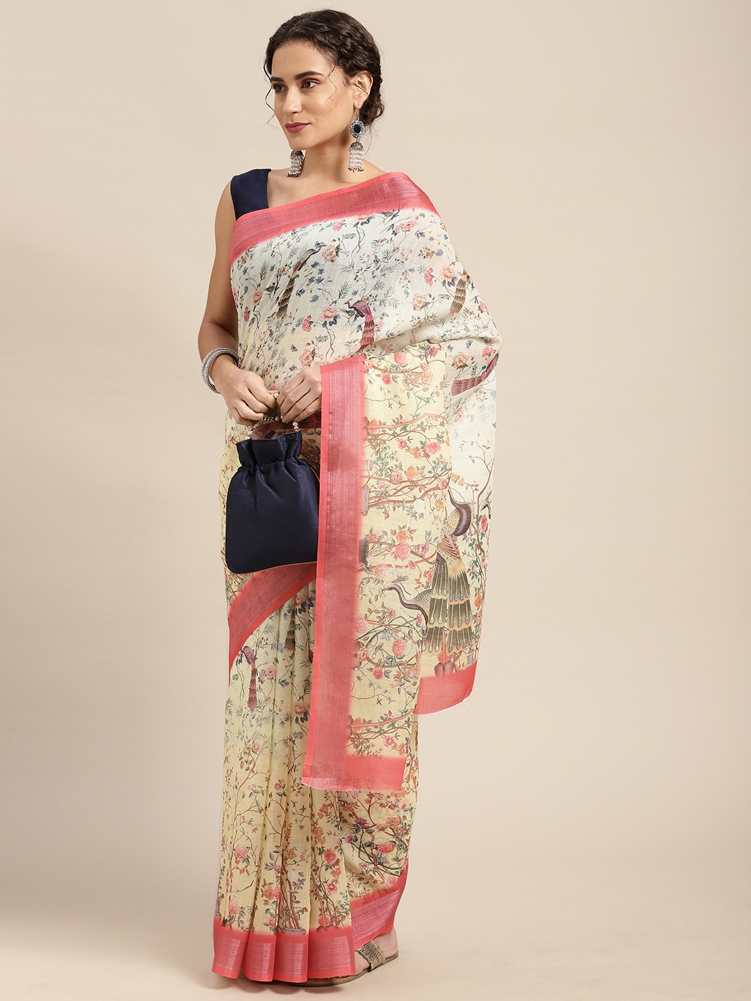 

Mitera Yellow & Peach-Coloured Ethnic Motifs Print Pure Linen Celebrity Saree