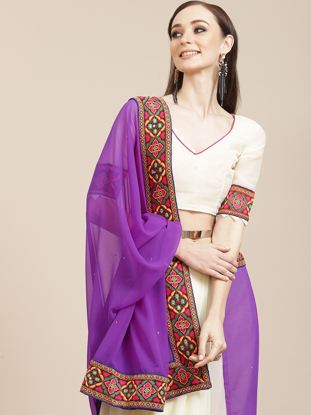 

Mitera Purple & Off White Ethnic Motifs Mirror Work Pure Georgette Half and Half Saree