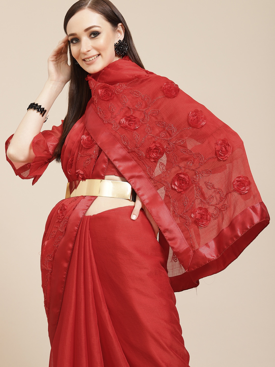 

Mitera Red Floral Embroidered Saree