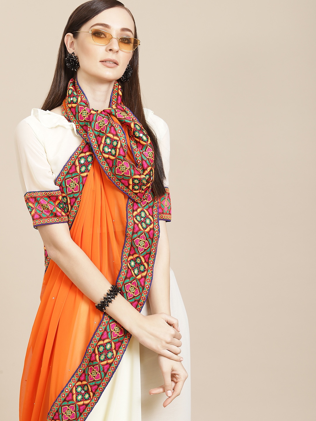 

Mitera Orange & Off White Bandhani Embroidered Pure Georgette Saree