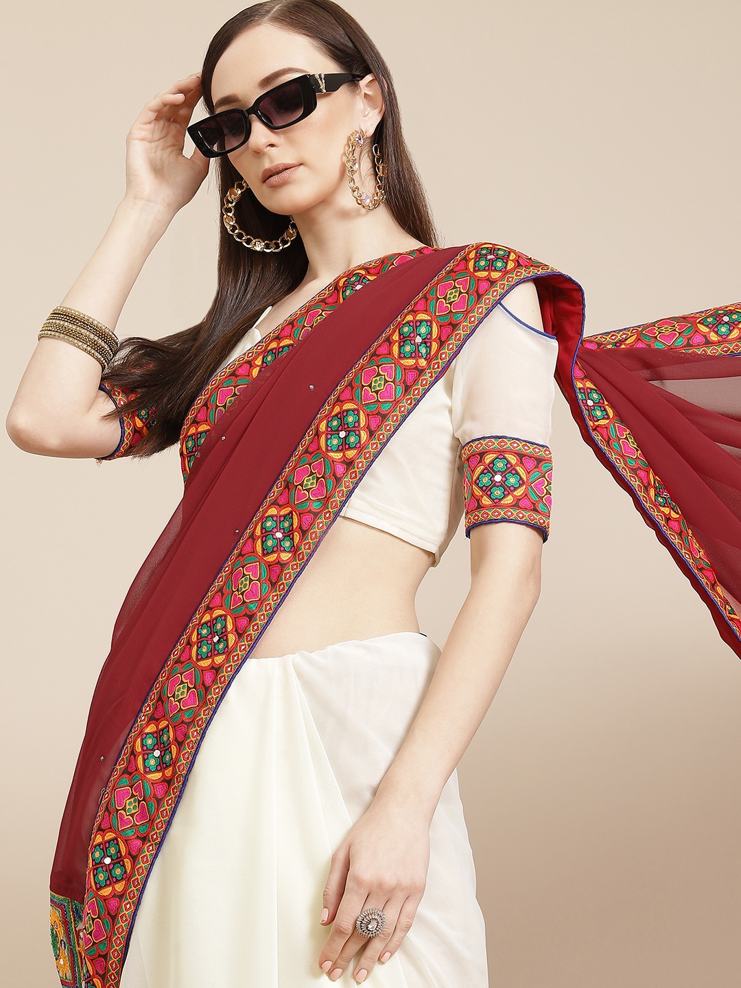 

Mitera Maroon & Off White Ethnic Motifs Mirror Work Pure Georgette Half and Half Saree