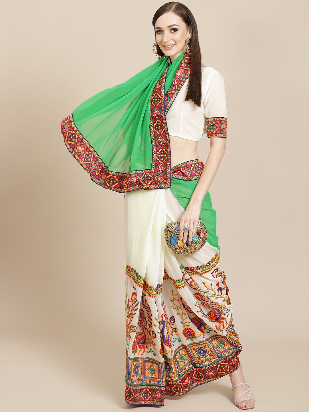 

Mitera Green & Off White Ethnic Motifs Embroidered Saree