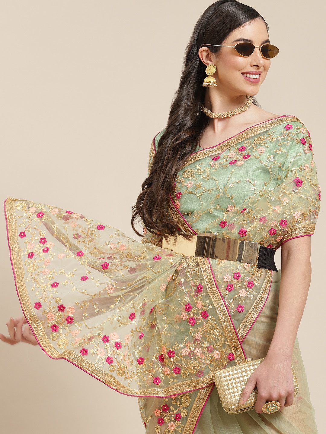 

SERONA FABRICS Beige & Pink Ethnic Motifs Embroidered Net Saree