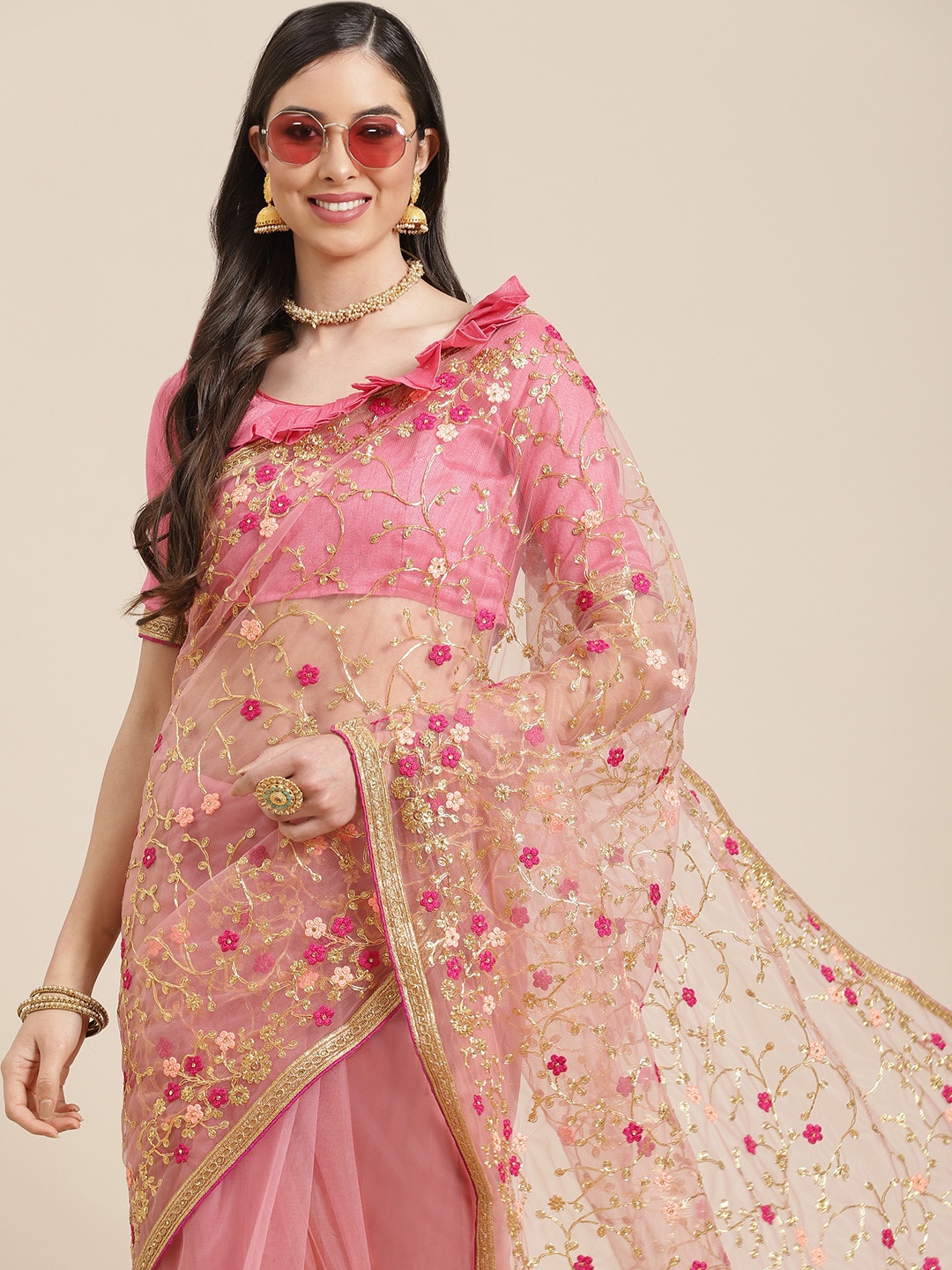 

SERONA FABRICS Pink & Goldeb Floral Embroidered Net Saree