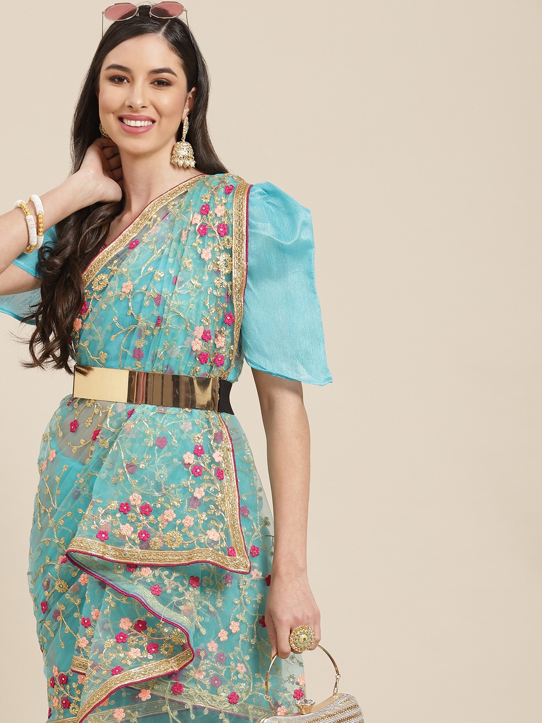 

SERONA FABRICS Blue & Pink Ethnic Motifs Embroidered Net Saree