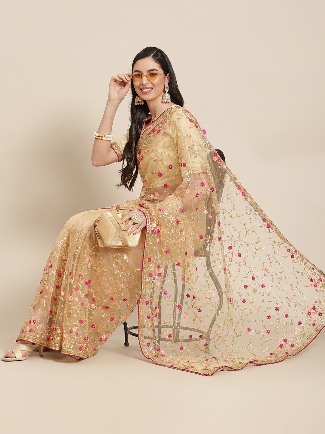 

SERONA FABRICS Beige & Golden Ethnic Motifs Embroidered Net Saree