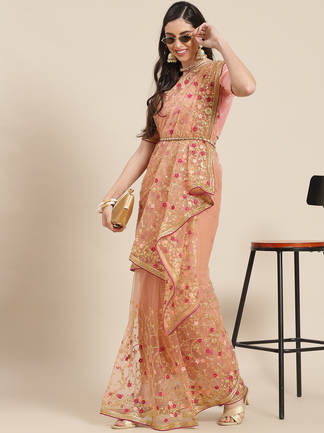 

SERONA FABRICS Peach-Coloured & Pink Ethnic Motifs Embroidered Net Saree