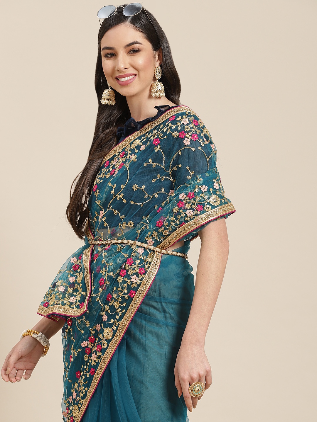 

SERONA FABRICS Blue & Gold Ethnienc Motifs Embroidered Net Saree