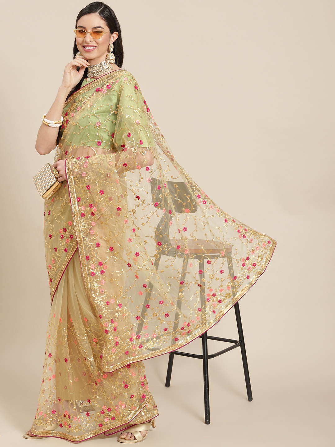 

SERONA FABRICS Beige & Pink Ethnic Motifs Embroidered Net Saree