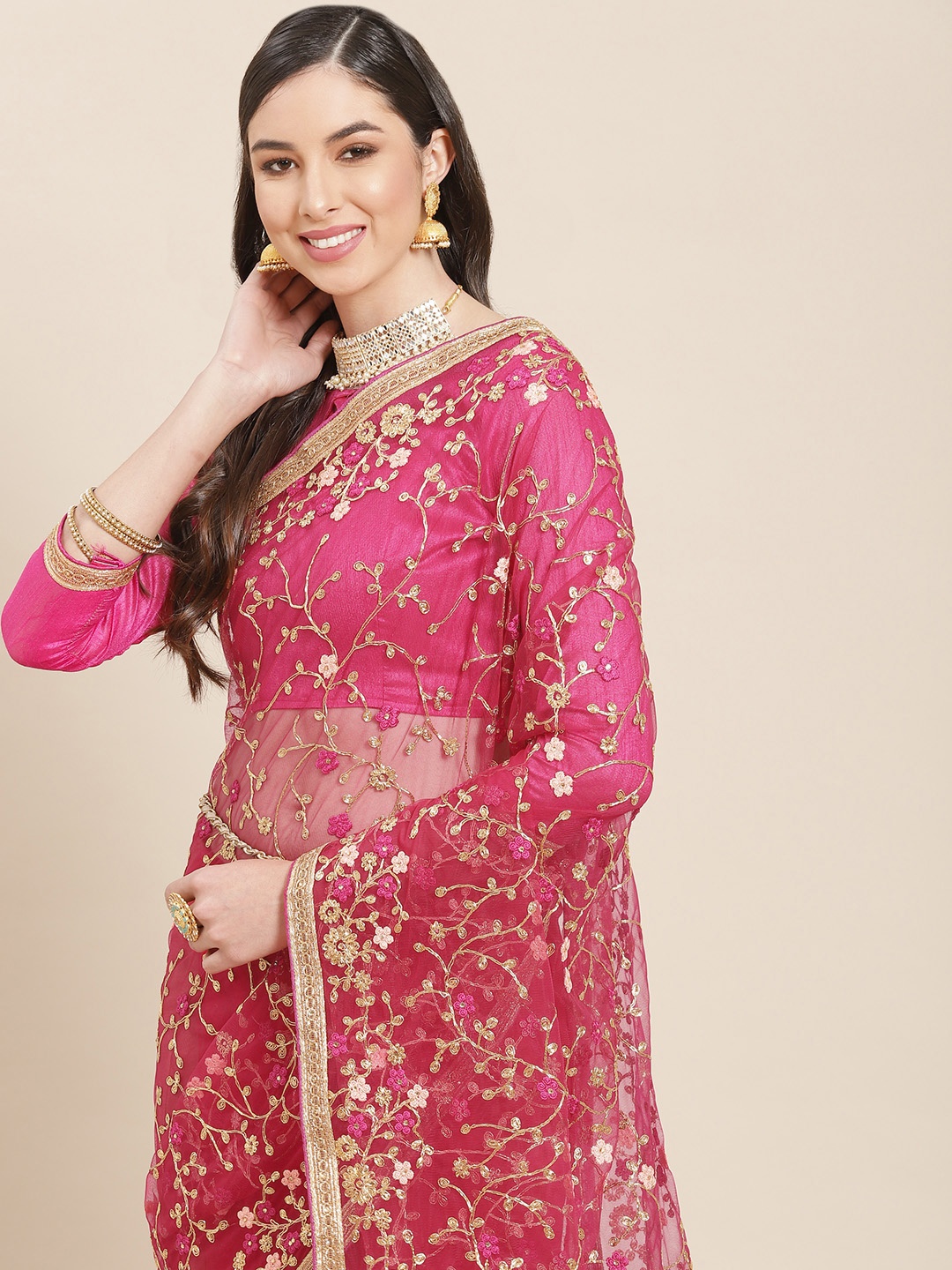 

SERONA FABRICS Pink & Golden Ethnic Motifs Embroidered Net Saree
