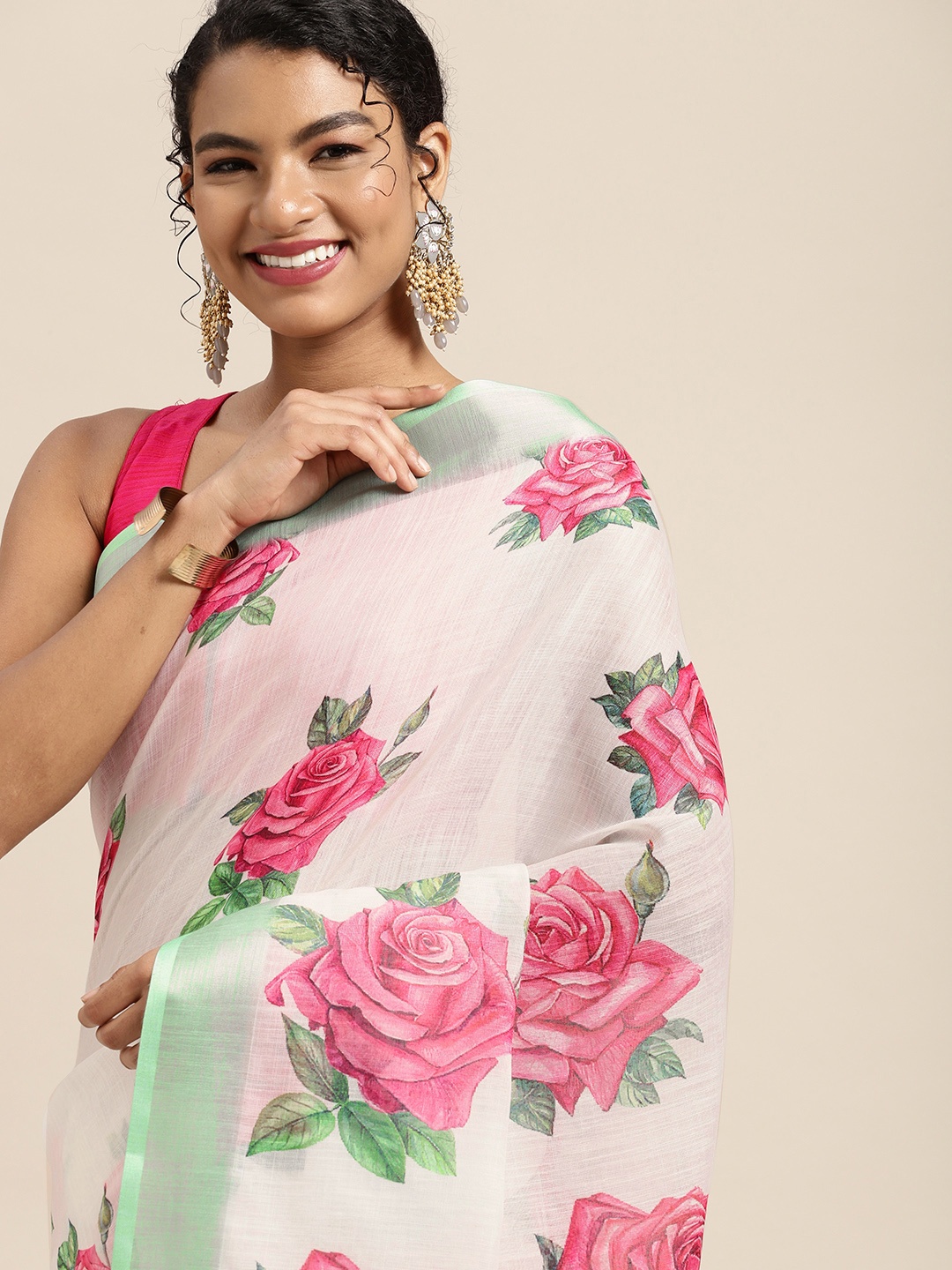 

Mitera White & Pink Floral Pure Linen Saree