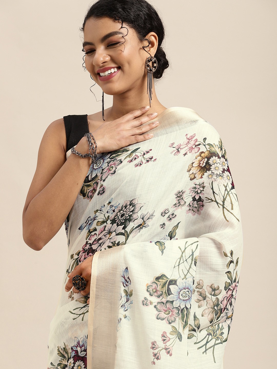

Mitera White Floral Pure Linen Zari Digital Printed Saree
