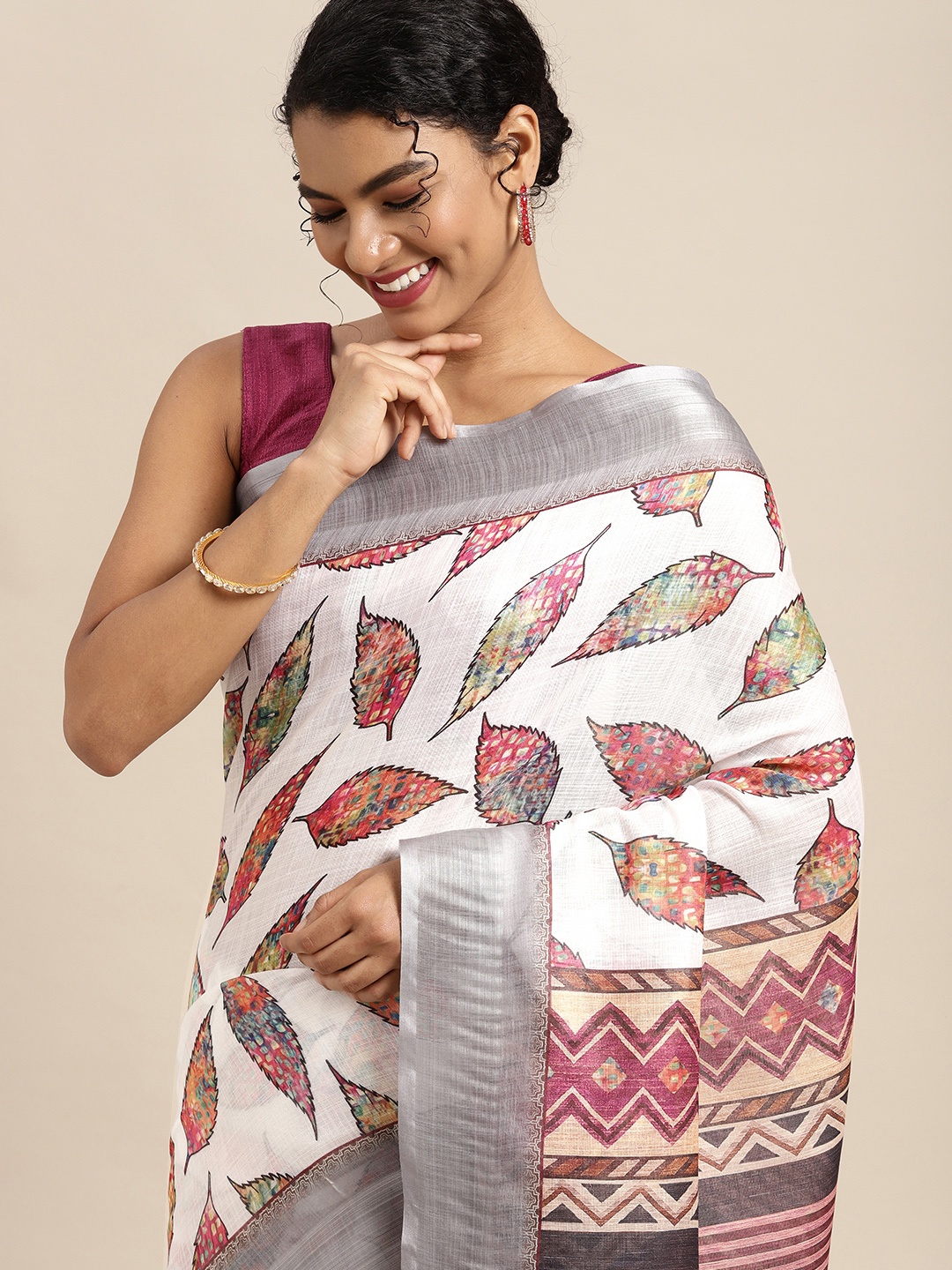 

Mitera White & Pink Ethnic Motifs Pure Linen Saree