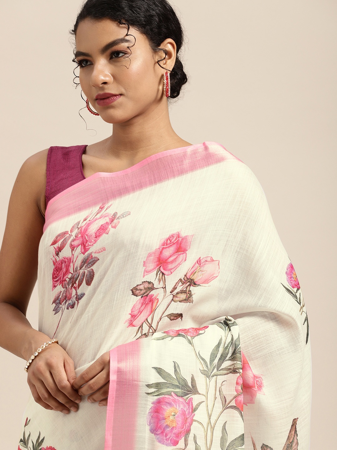 

Mitera White & Pink Floral Pure Linen Zari Digital Printed Saree