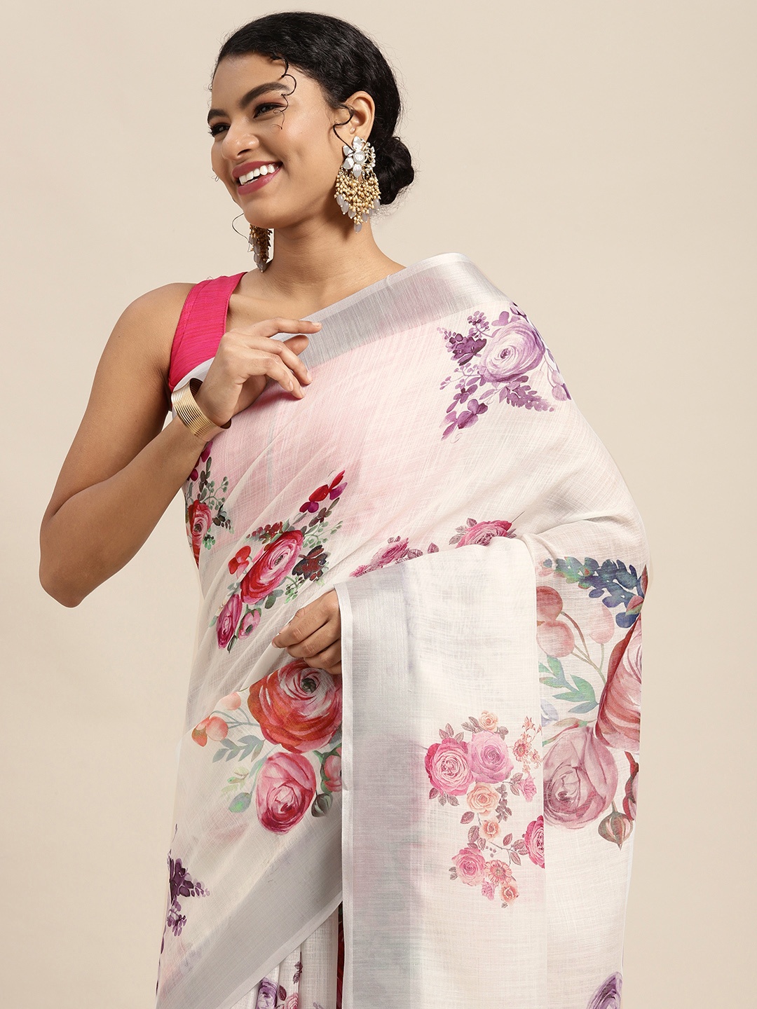 

Mitera White & Pink Floral Pure Linen Saree